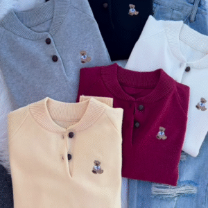 "Cuddly Charm: Multicolor Teddy Bear Embroidered Sweaters" - Image 2