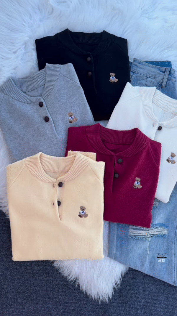 "Cuddly Charm: Multicolor Teddy Bear Embroidered Sweaters"