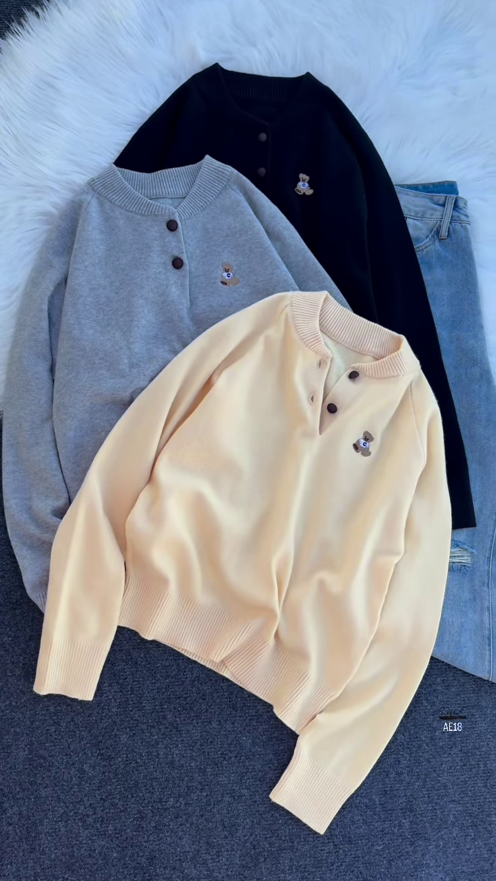 "Cuddly Charm: Multicolor Teddy Bear Embroidered Sweaters" - Image 1