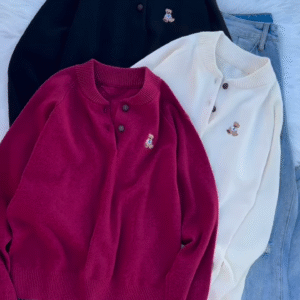 "Cuddly Charm: Multicolor Teddy Bear Embroidered Sweaters" - Image 4