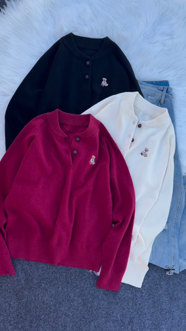 "Cuddly Charm: Multicolor Teddy Bear Embroidered Sweaters"