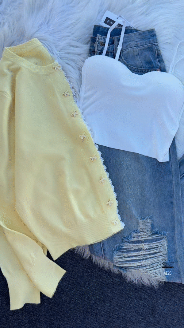 "Chic Pastel Perfection: Yellow Bow Cardigan & Denim Duo"