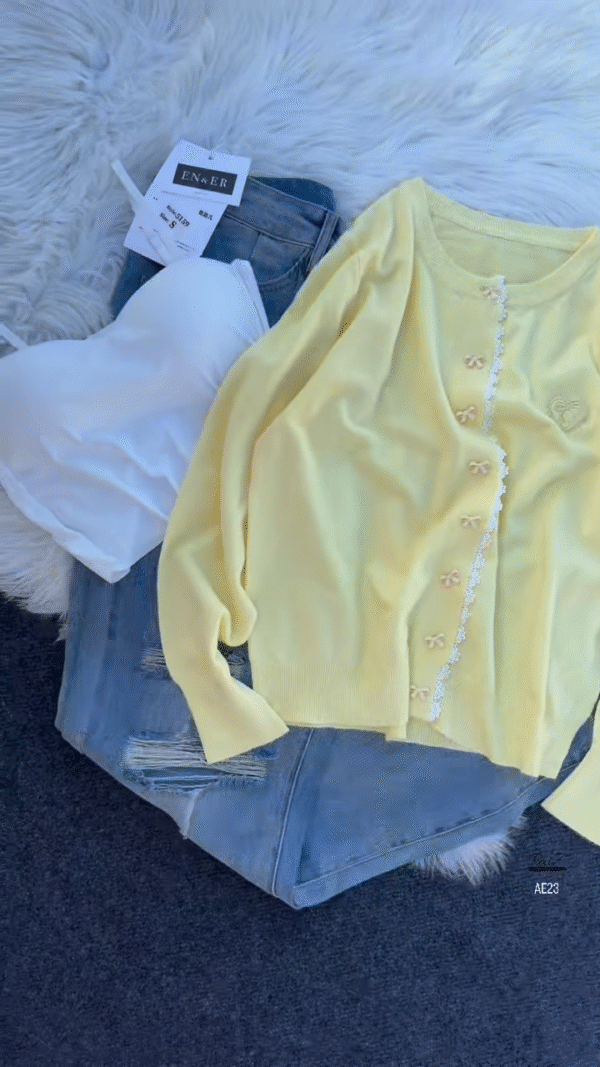 "Chic Pastel Perfection: Yellow Bow Cardigan & Denim Duo"