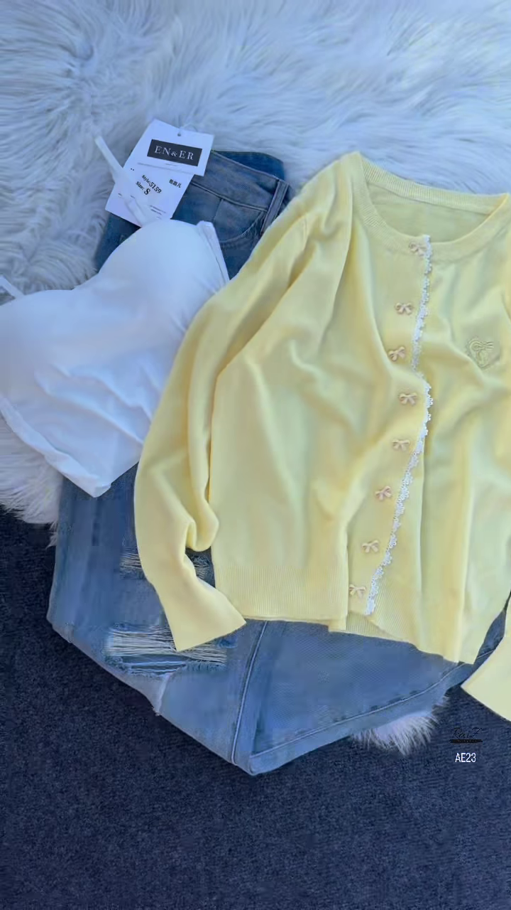 "Chic Pastel Perfection: Yellow Bow Cardigan & Denim Duo" - Image 1