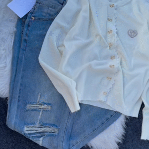 "Chic Pastel Perfection: Yellow Bow Cardigan & Denim Duo" - Image 4