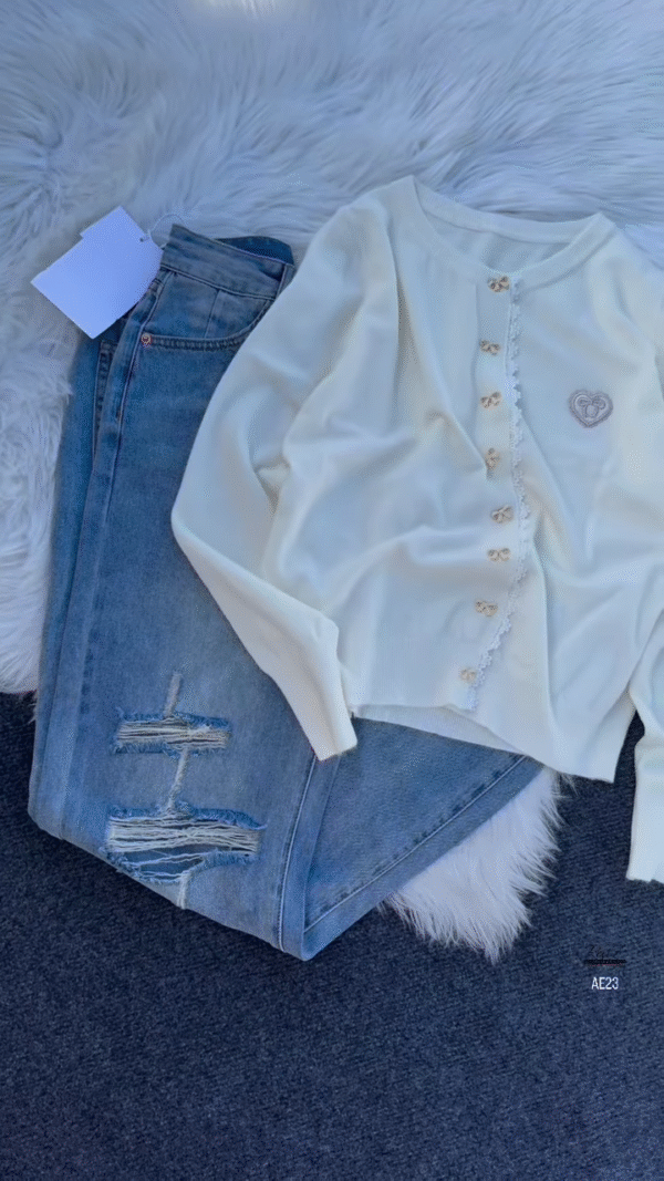 "Chic Pastel Perfection: Yellow Bow Cardigan & Denim Duo"