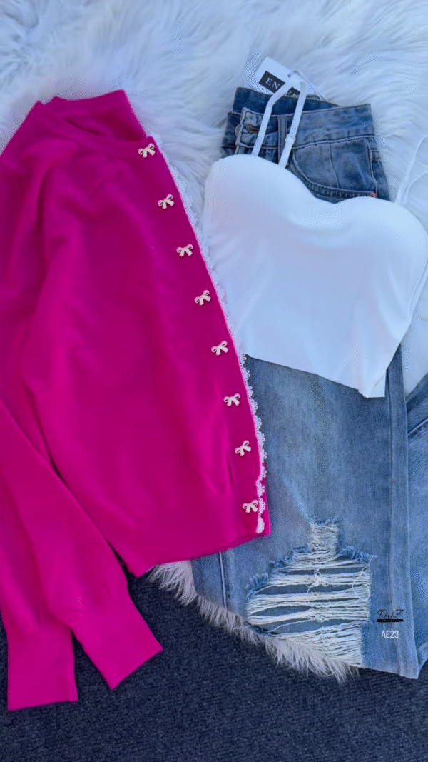 "Chic Pastel Perfection: Yellow Bow Cardigan & Denim Duo"