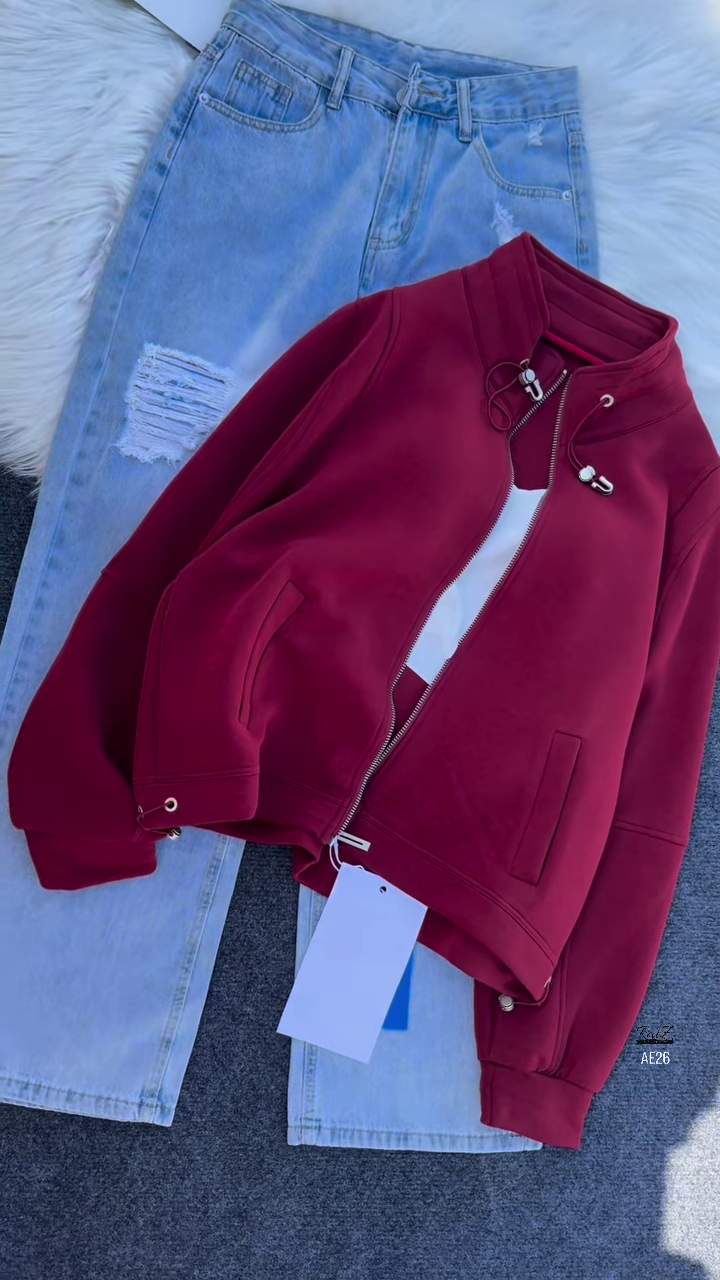 🧥 Urban Ember: Maroon Zip Jacket & Distressed Denim Set - Image 1