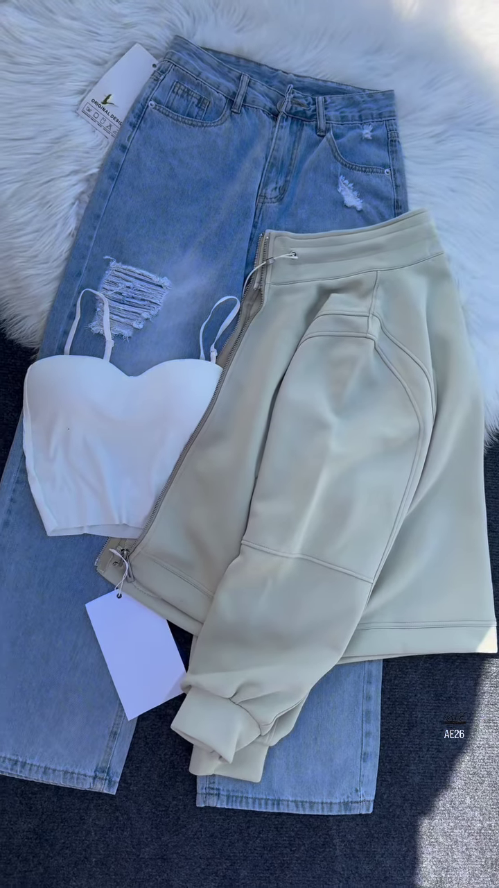 🧥 Urban Ember: Maroon Zip Jacket & Distressed Denim Set - Image 3