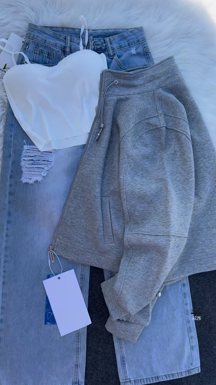 🧥 Urban Ember: Maroon Zip Jacket & Distressed Denim Set - Image 5