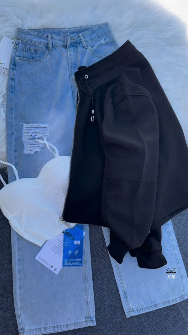 🧥 Urban Ember: Maroon Zip Jacket & Distressed Denim Set