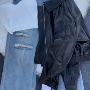 🖤 Dali Noir: Faux Leather Jacket & Distressed Denim Skirt Set - Image 2