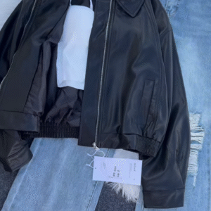 🖤 Dali Noir: Faux Leather Jacket & Distressed Denim Skirt Set