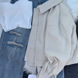 🖤 Dali Noir: Faux Leather Jacket & Distressed Denim Skirt Set - Image 3