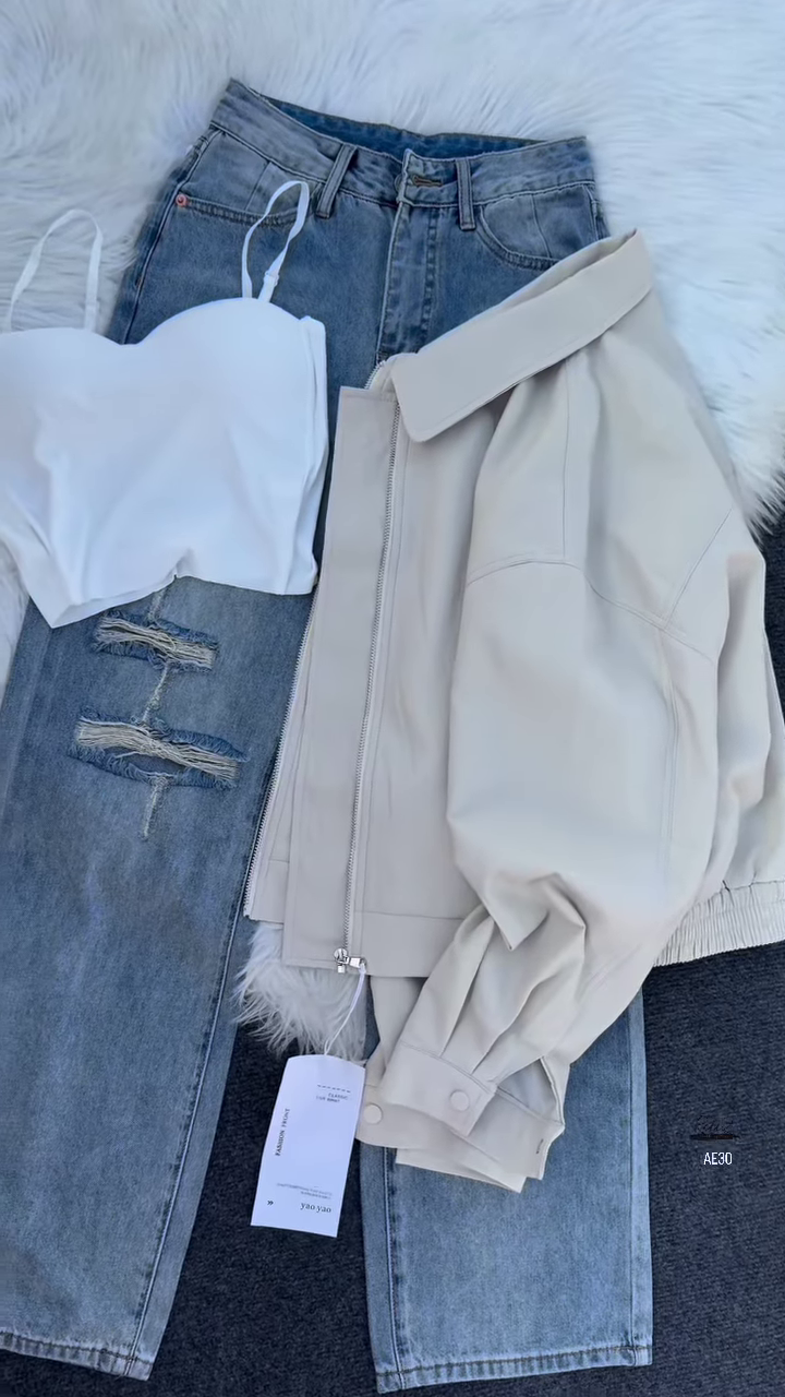 🖤 Dali Noir: Faux Leather Jacket & Distressed Denim Skirt Set - Image 3