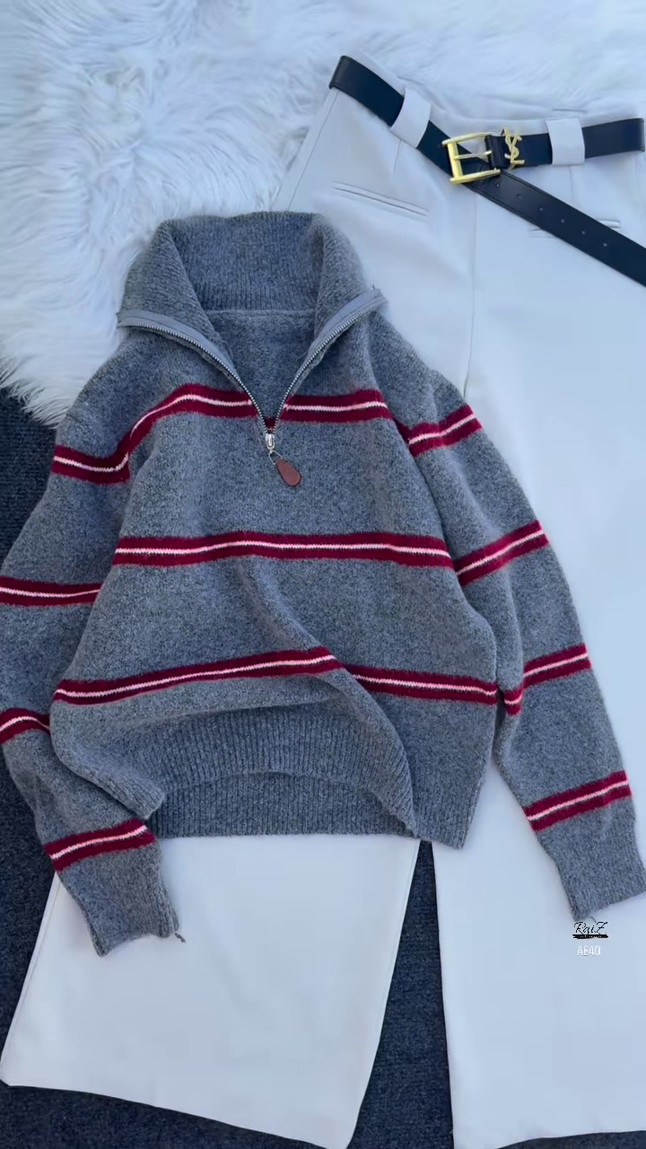 ❤️‍🔥 Raya Stripe: Zip-Up Sweater & High-Waist Trouser Set - Image 1