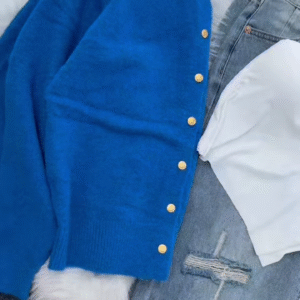 💙 Enfir Pop: Gold-Button Cardigan & Distressed Denim Set - Image 3