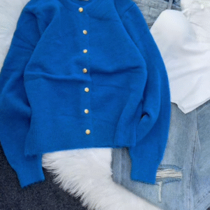 💙 Enfir Pop: Gold-Button Cardigan & Distressed Denim Set - Image 4