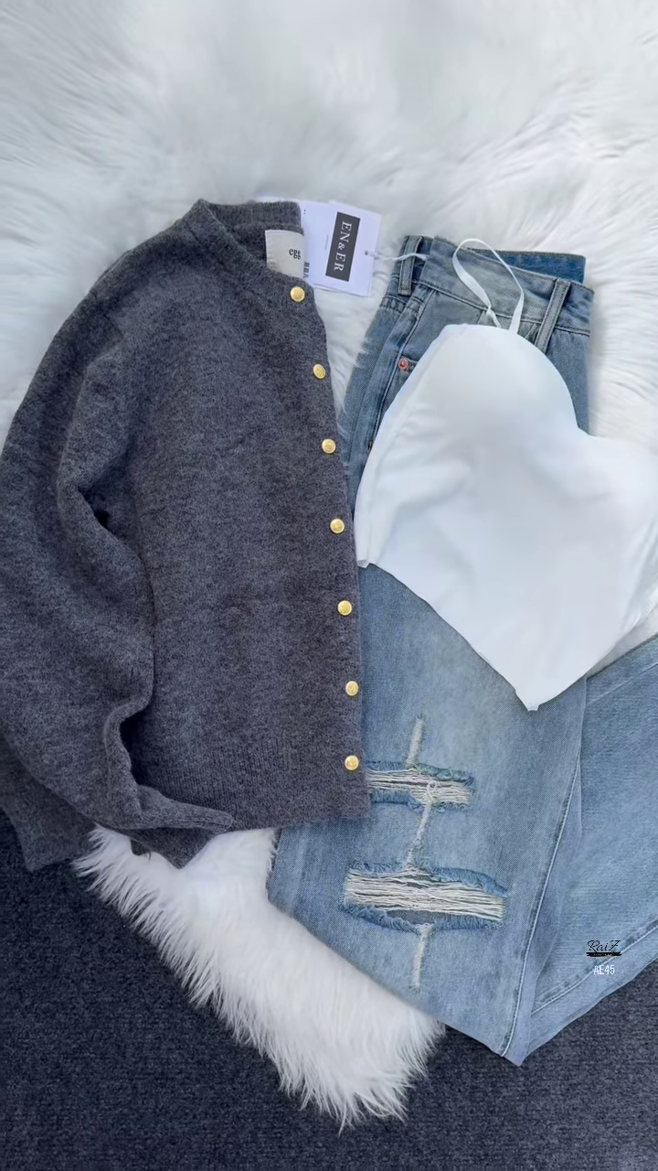 💙 Enfir Pop: Gold-Button Cardigan & Distressed Denim Set - Image 12