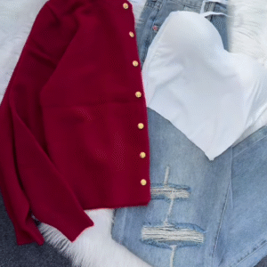 💙 Enfir Pop: Gold-Button Cardigan & Distressed Denim Set - Image 11