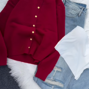 💙 Enfir Pop: Gold-Button Cardigan & Distressed Denim Set - Image 10