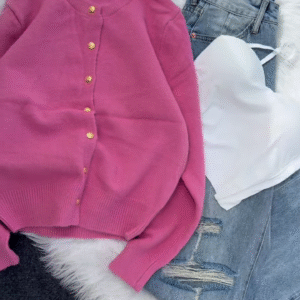 💙 Enfir Pop: Gold-Button Cardigan & Distressed Denim Set - Image 8