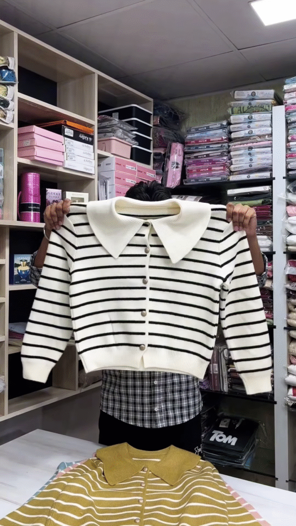 🧶 Collar & Contrast: Striped Button-Down Sweater Collection