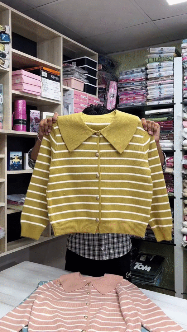 🧶 Collar & Contrast: Striped Button-Down Sweater Collection