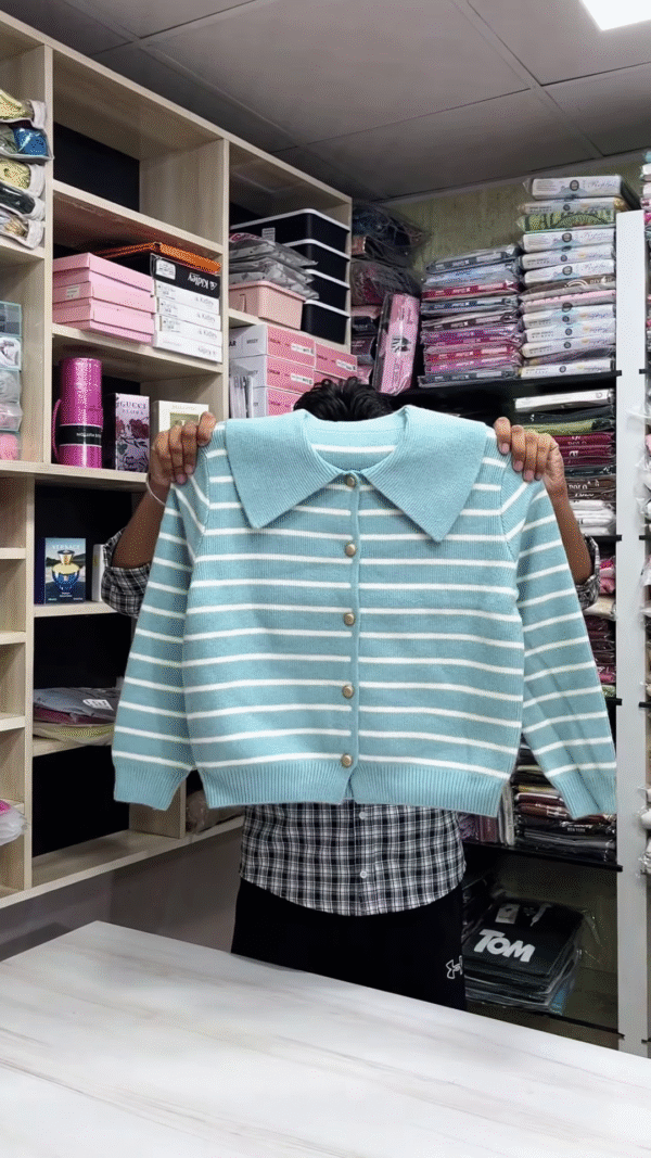 🧶 Collar & Contrast: Striped Button-Down Sweater Collection