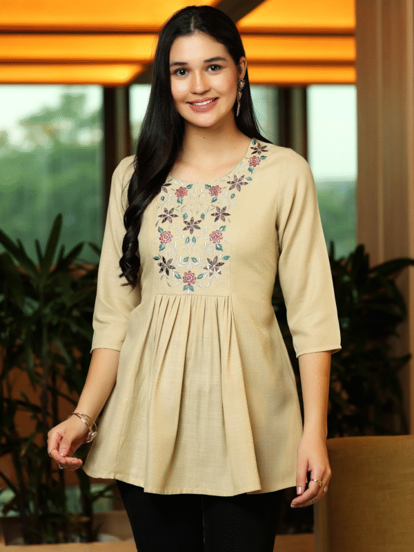 Beige Yoke Design Cotton Blend A-Line Kurti ? Classic Comfort Meets Modern Elegance
