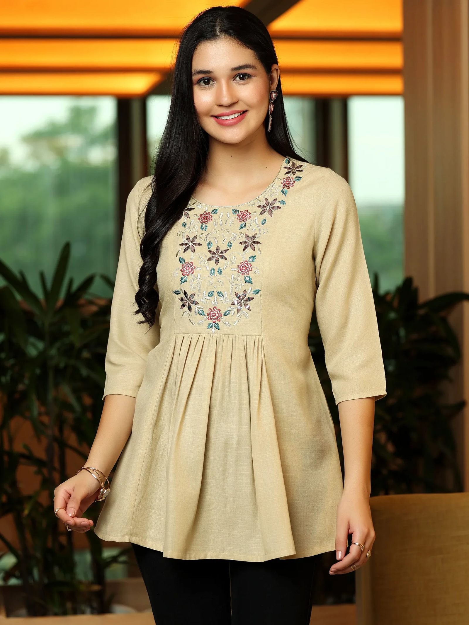 Beige Yoke Design Cotton Blend A-Line Kurti ? Classic Comfort Meets Modern Elegance - Image 1
