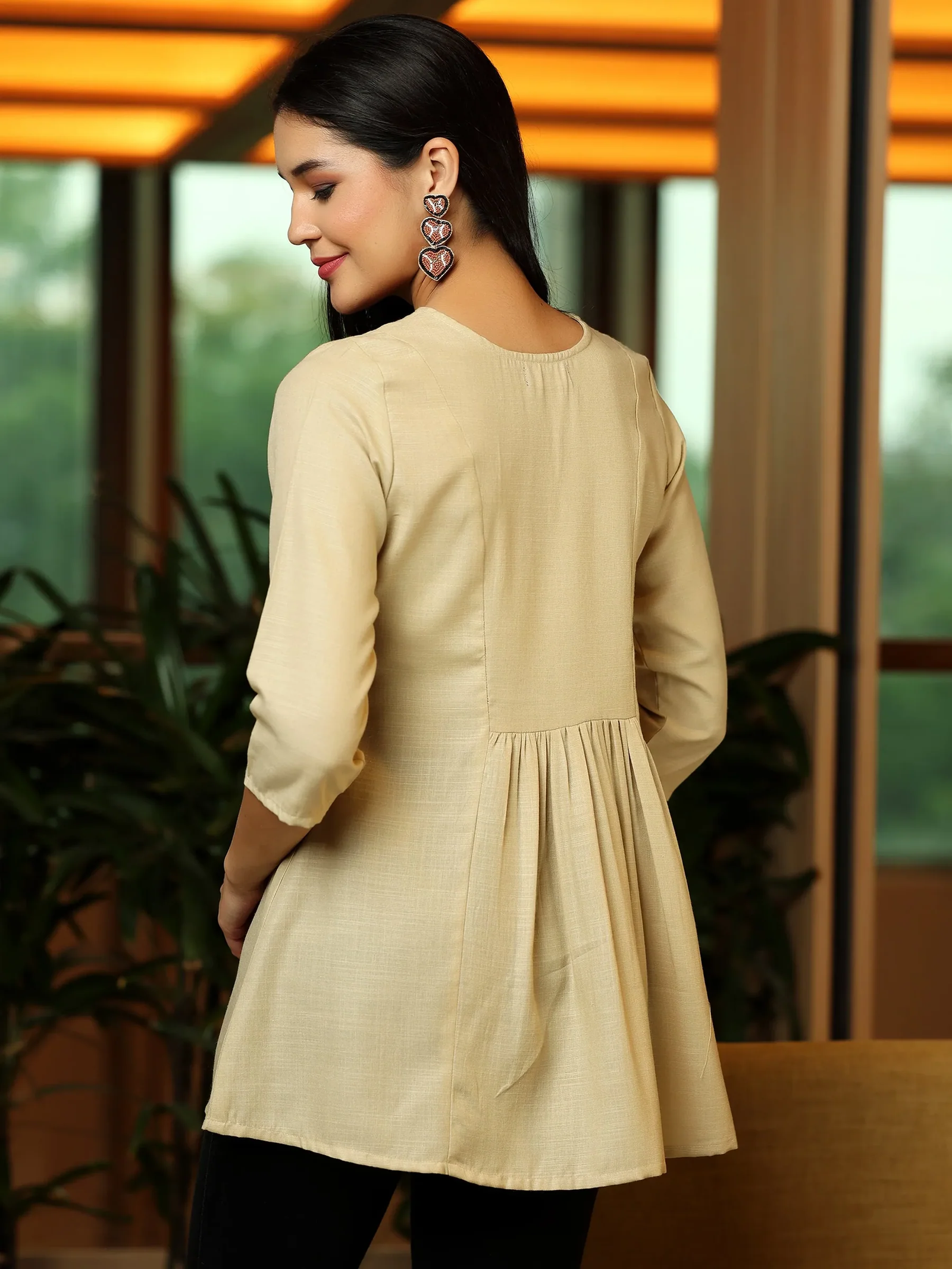 Beige Yoke Design Cotton Blend A-Line Kurti ? Classic Comfort Meets Modern Elegance - Image 3